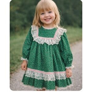 Vintage Girls Dress Green and Red Lace Ruffle 4T Holiday  Long Sleeve Bryan
